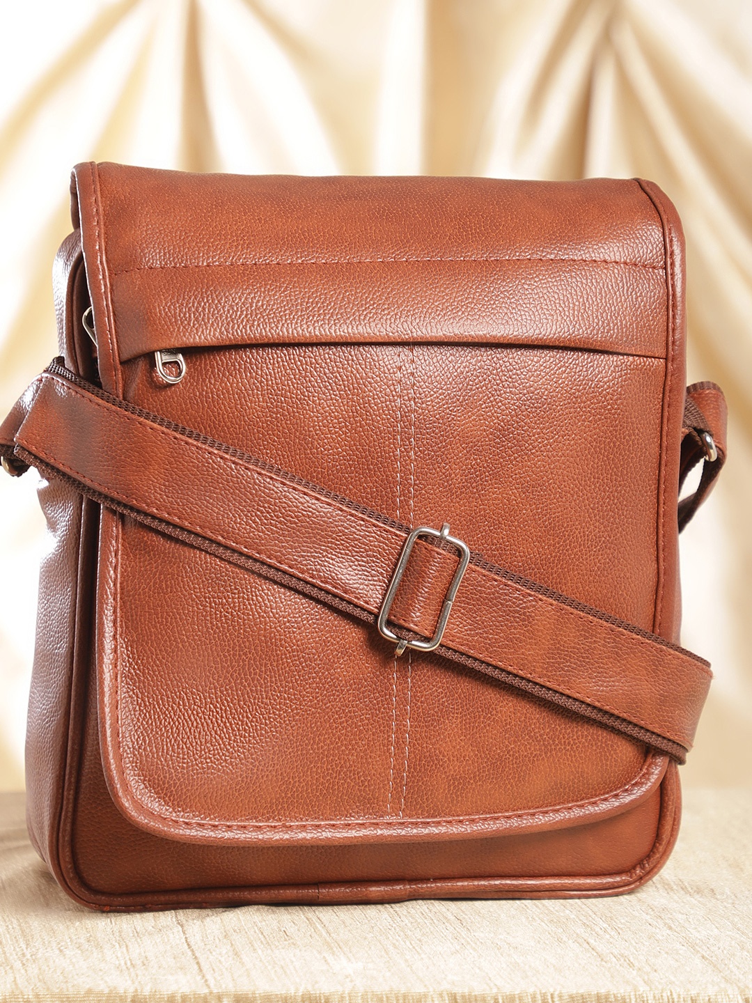 

ELLIS Men Textured Messenger Bag With Non-Detachable Adjustable Sling Strap, Tan
