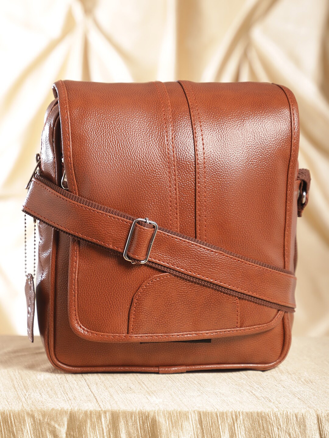 

ELLIS Men Textured Messenger Bag With Non-Detachable Adjustable Sling Strap, Tan
