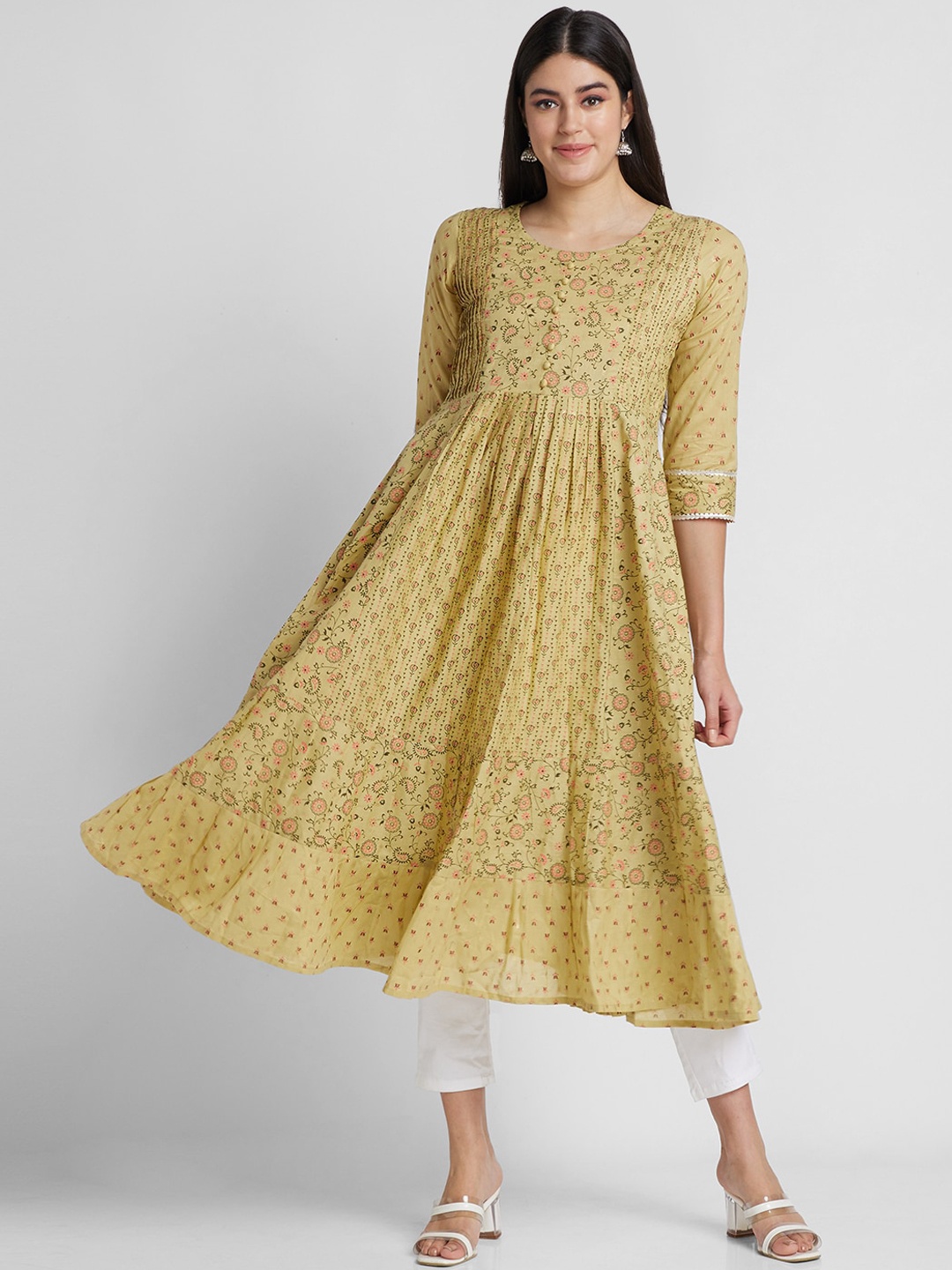 

Globus Ethnic Motifs Printed Pure Cotton Pleated Anarkali Kurta, Green