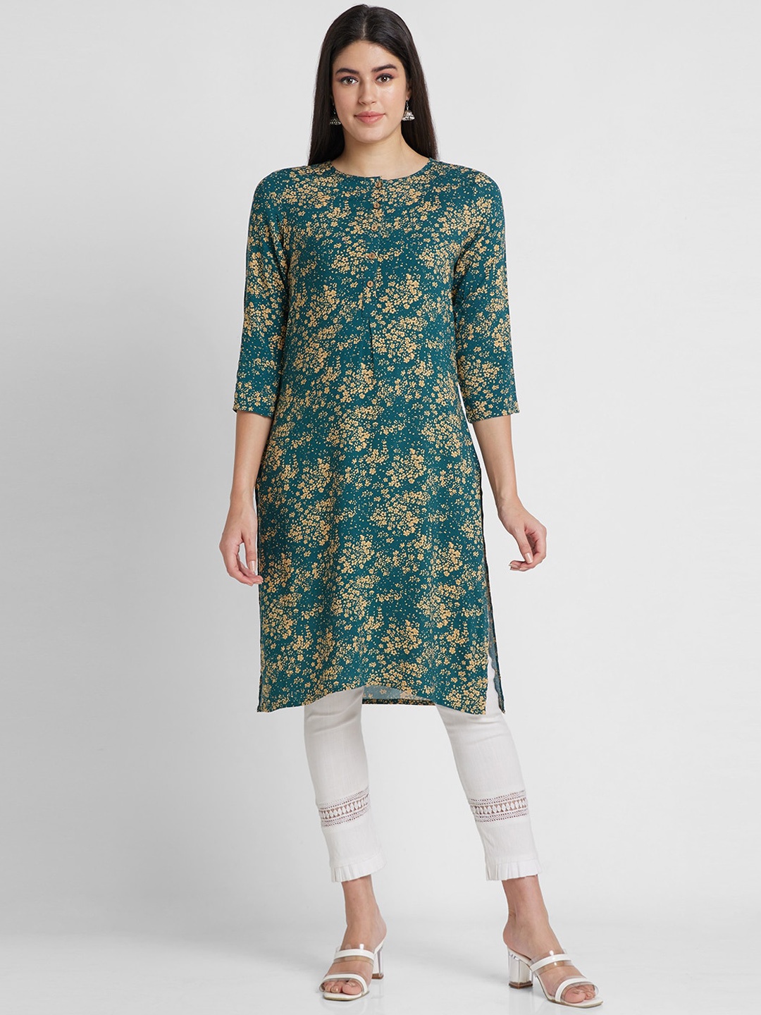 

Globus Floral Printed Round Neck Straight Kurta, Green