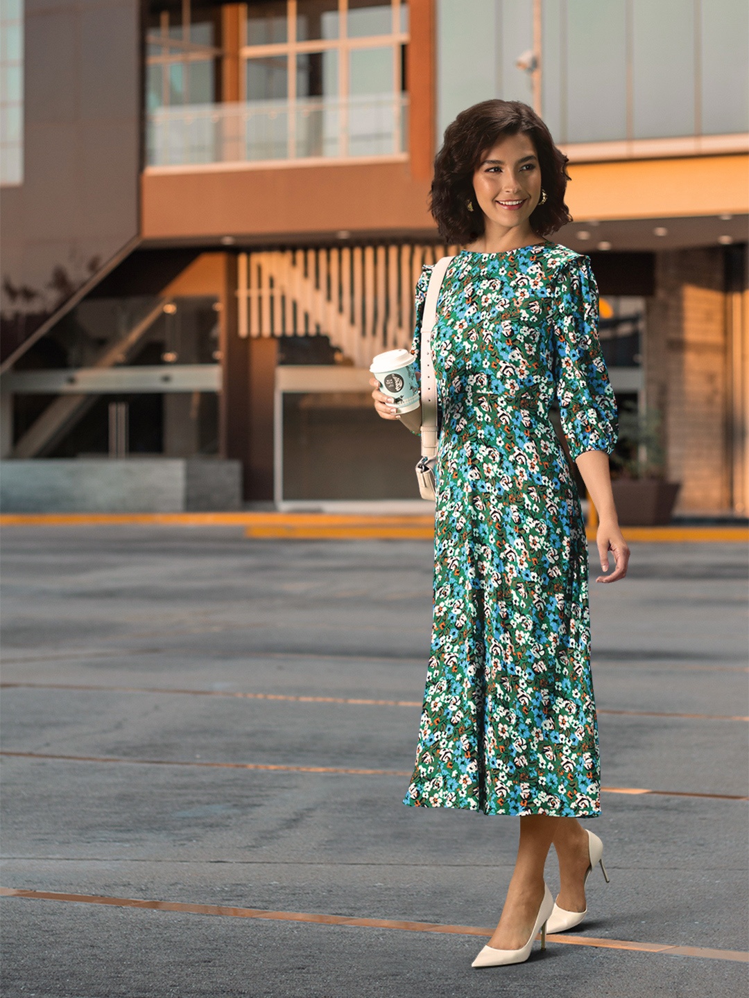 

Marks & Spencer Floral Printed Puff Sleeve A-Line Midi Dress, Green