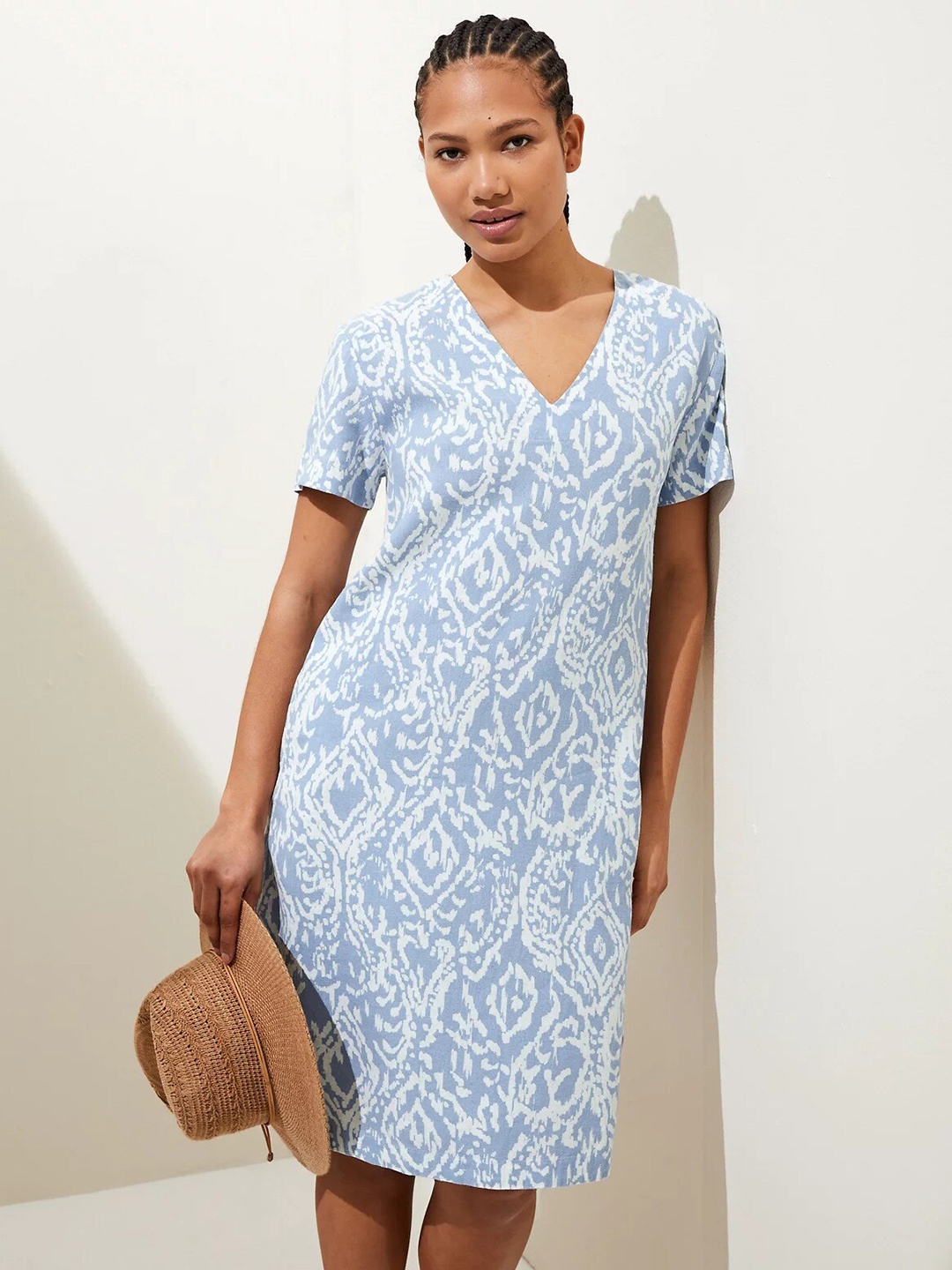

Marks & Spencer Ethnic Motifs Printed Linen A-Line Dress, Blue