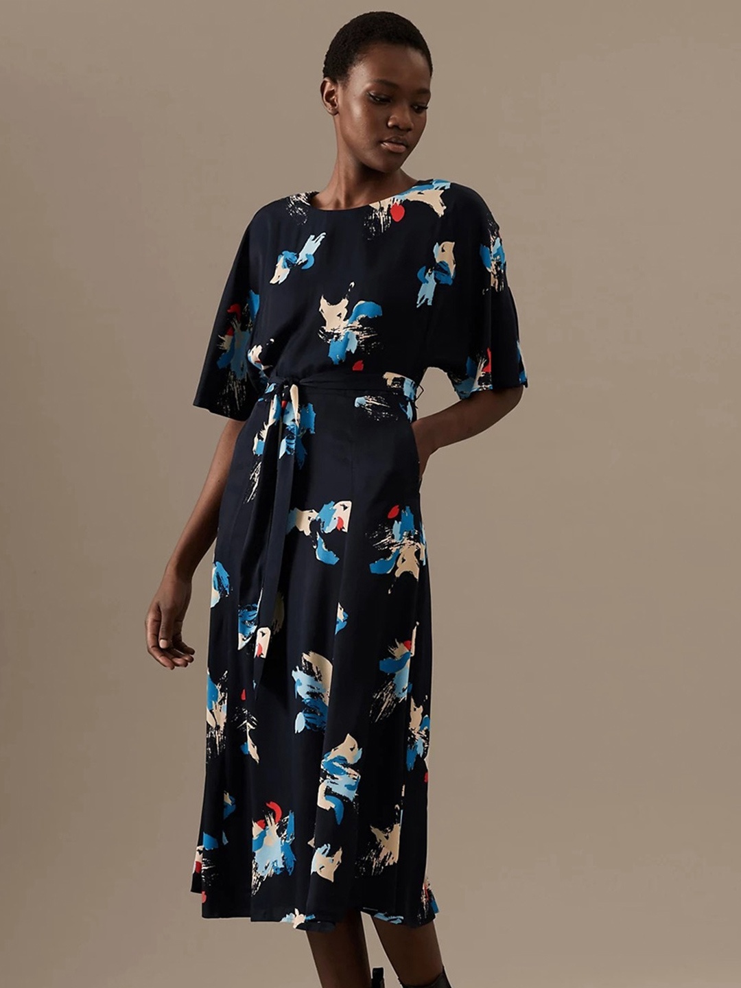 

Marks & Spencer Flared Sleeves Belted Abstract Printed A-Line Midi Dress, Navy blue