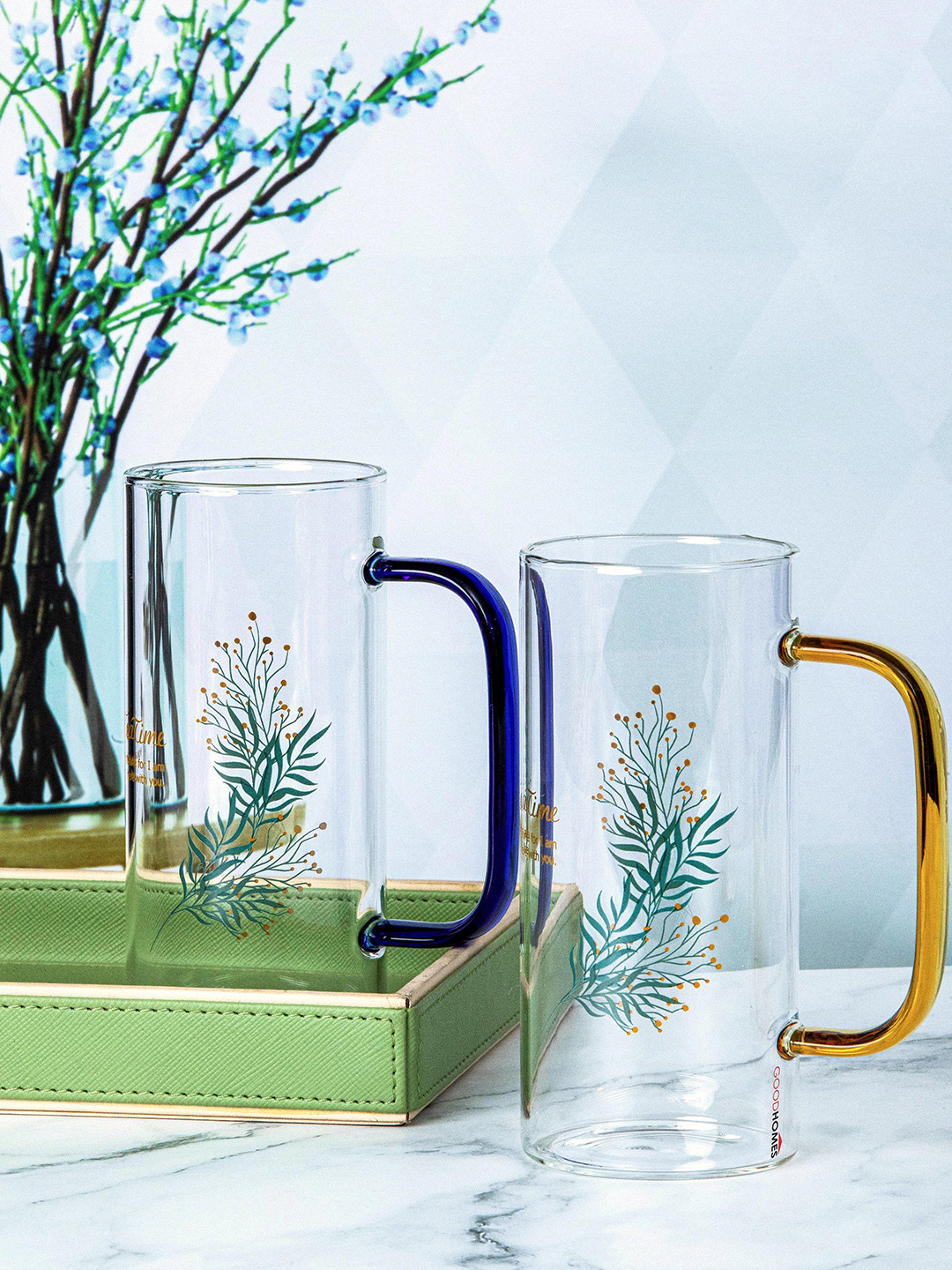 

GOODHOMES Transparent & Blue 2 Pieces Printed Glass Mugs With Handle 380 ml Each