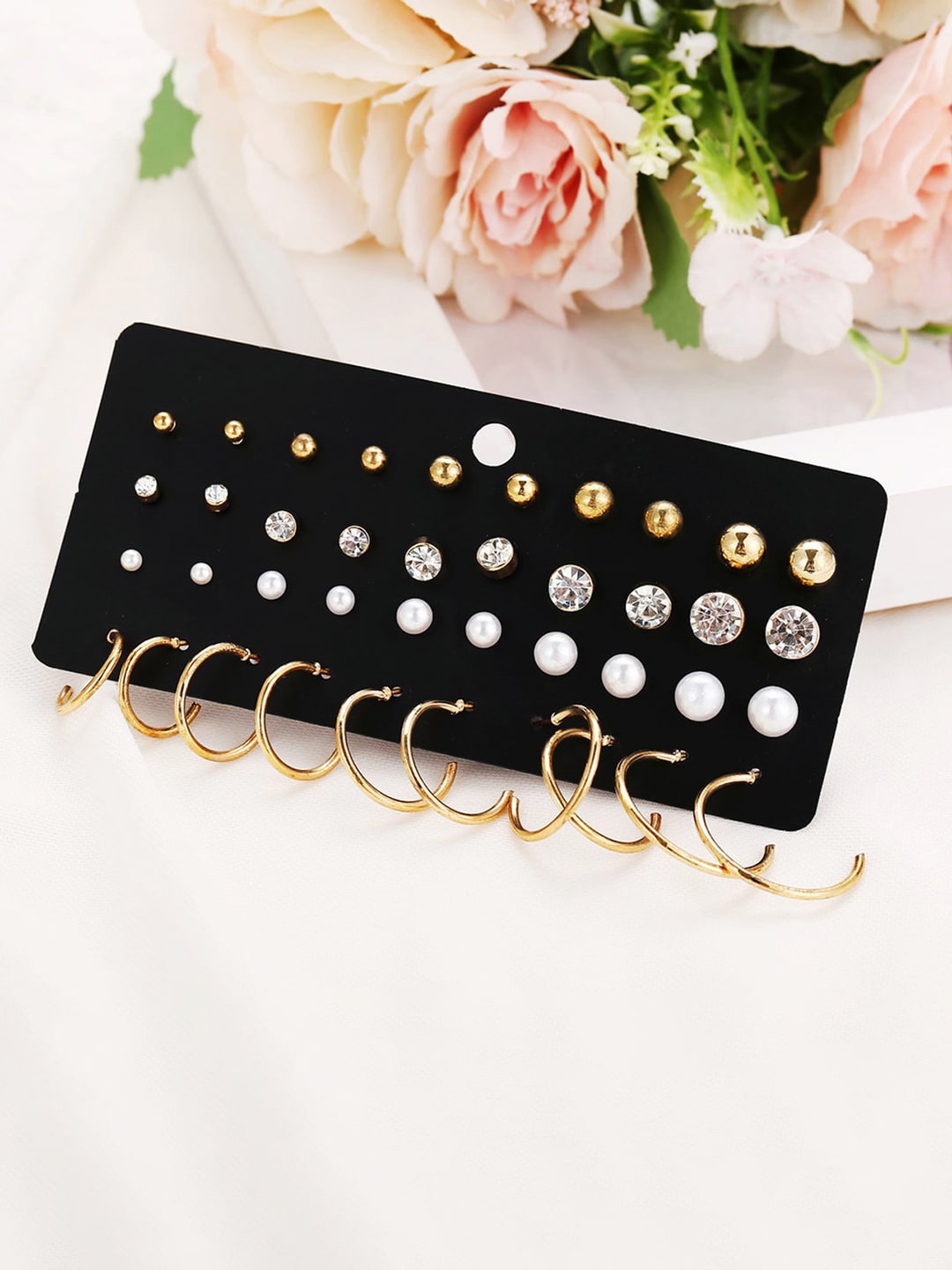 

Peora Set of 25 Gold-Plated Contemporary Studs Earrings, White