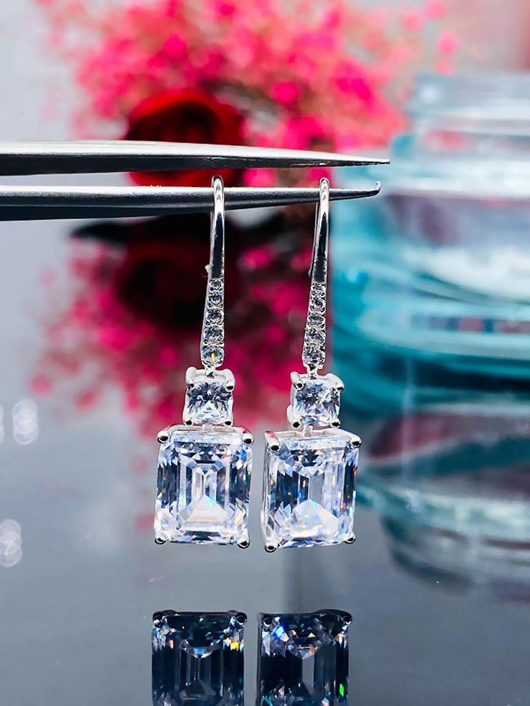 

Peora Silver-Plated American Diamond Studded Contemporary Drop Earrings, White