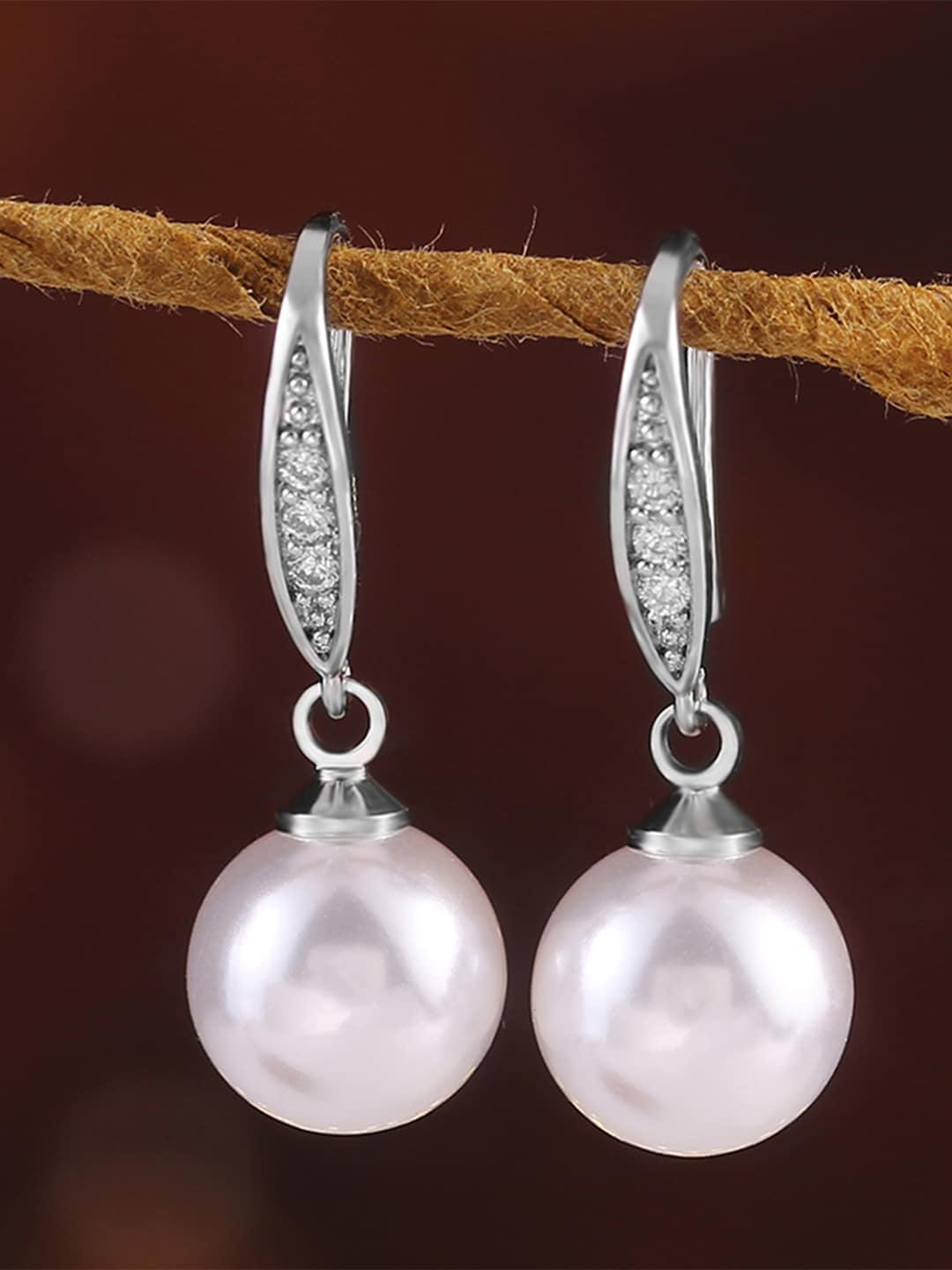 

Peora Silver-Plated Stone-Studded & Beaded Contemporary Drop Earrings, White