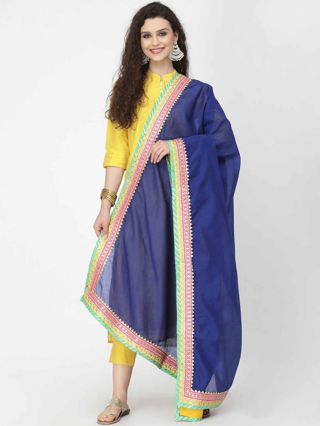 

Desi Weavess Mandarin Collar Chanderi Silk Kurta with Trousers & Dupatta, Yellow