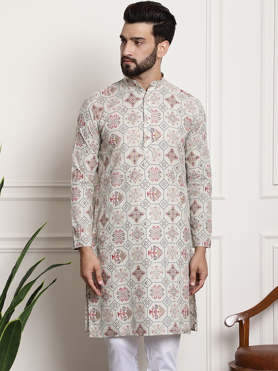 

SOJANYA Ethnic Motifs Printed Cotton Linen Kurta, Cream