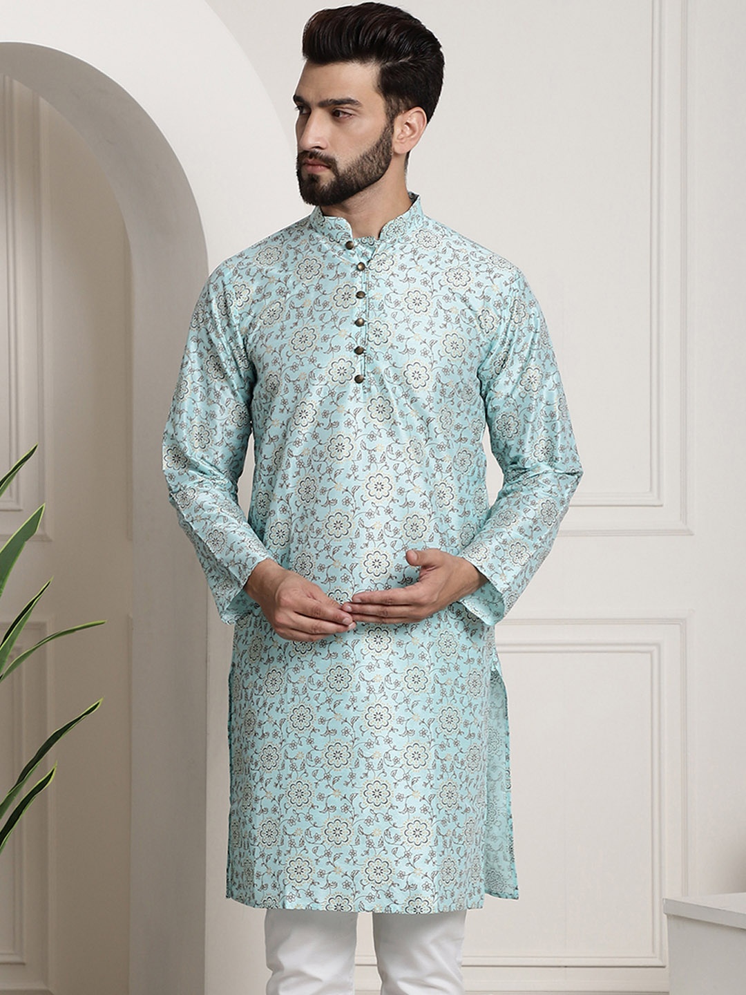 

SOJANYA Floral Printed Silk Cotton Kurta, Sea green