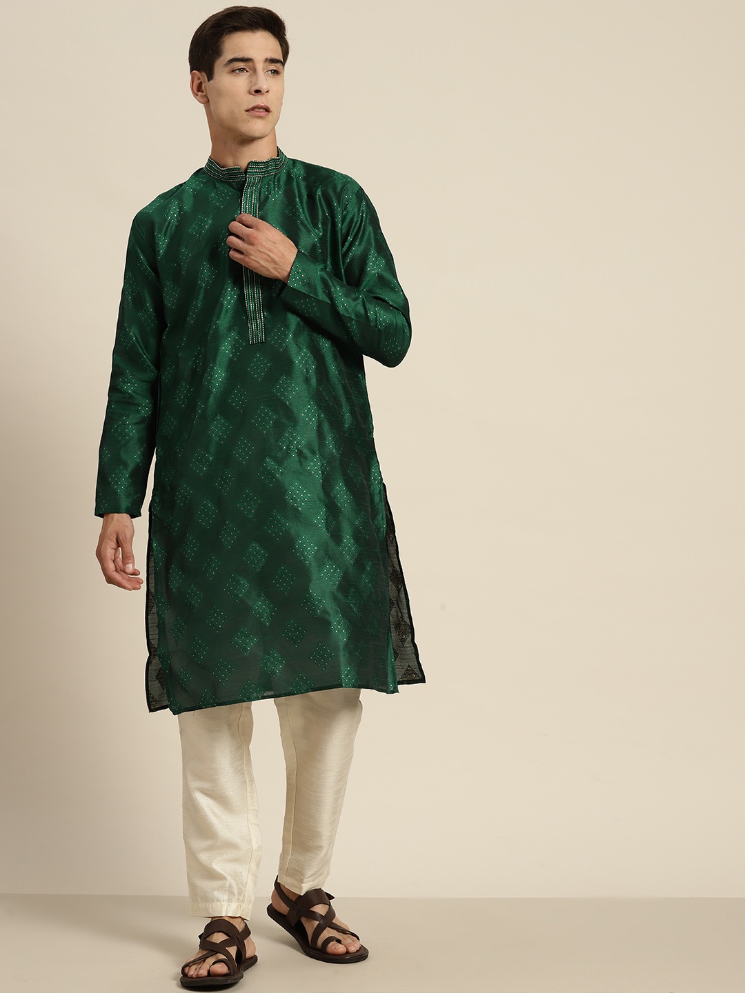 

SOJANYA Ethnic Motifs Kantha Work Silk Cotton Kurta, Green