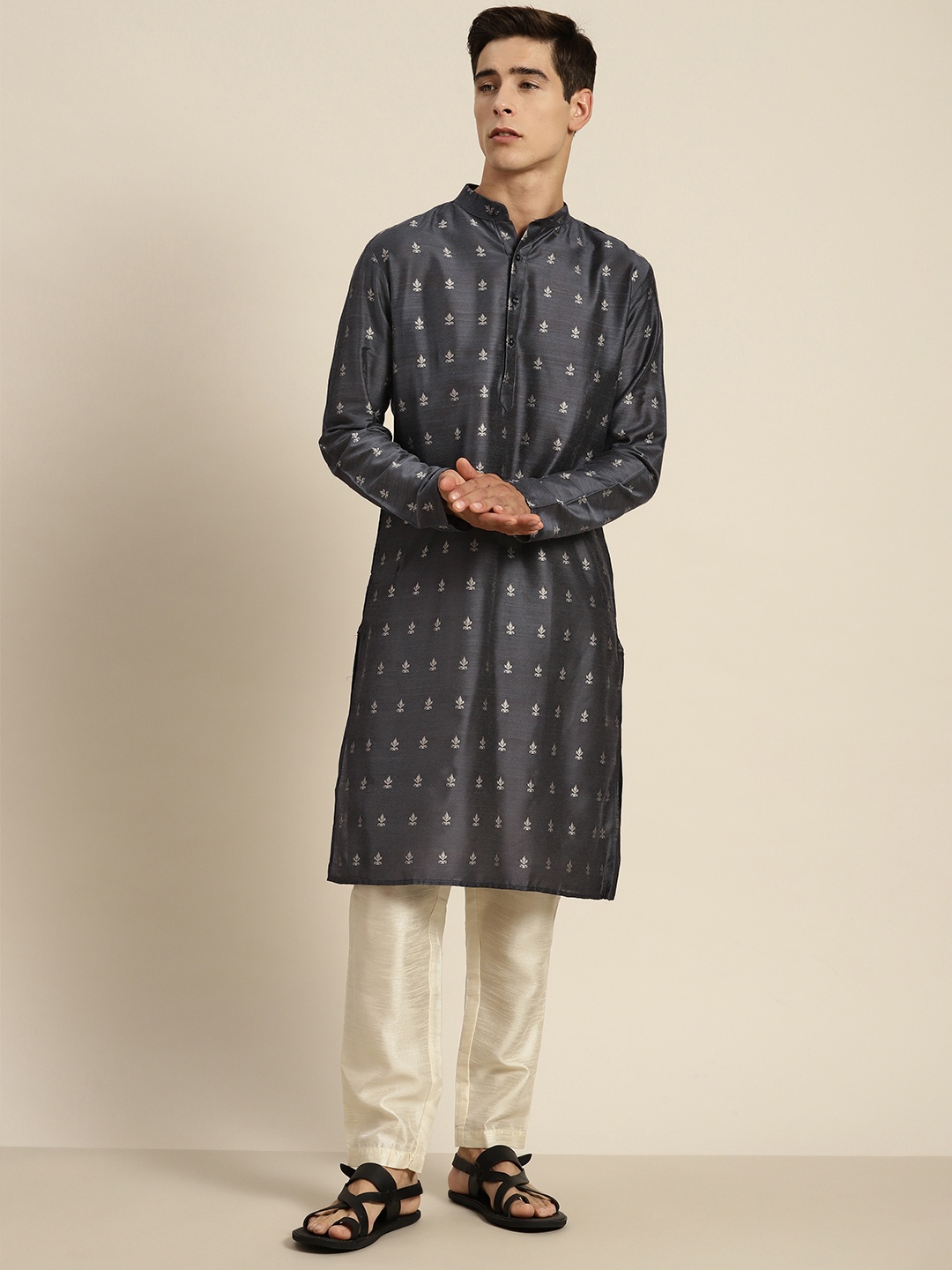 

SOJANYA Ethnic Motifs Cotton Silk Kurta, Grey