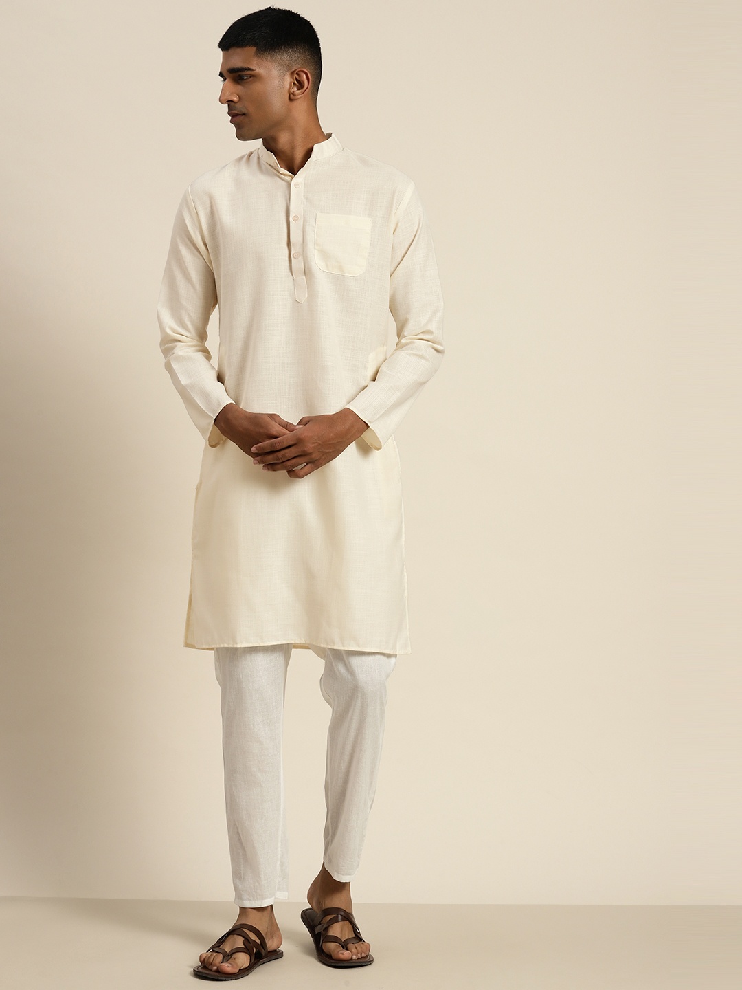 

SOJANYA Mandarin Collar Cotton Silk Kurta, Off white