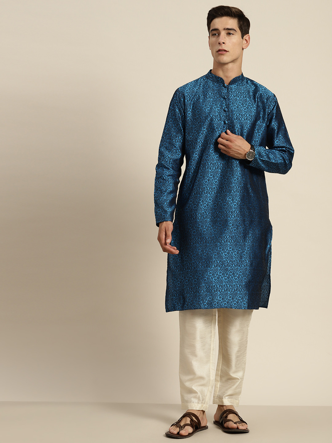 

SOJANYA Ethnic Motifs Woven Design Silk Cotton Kurta, Navy blue