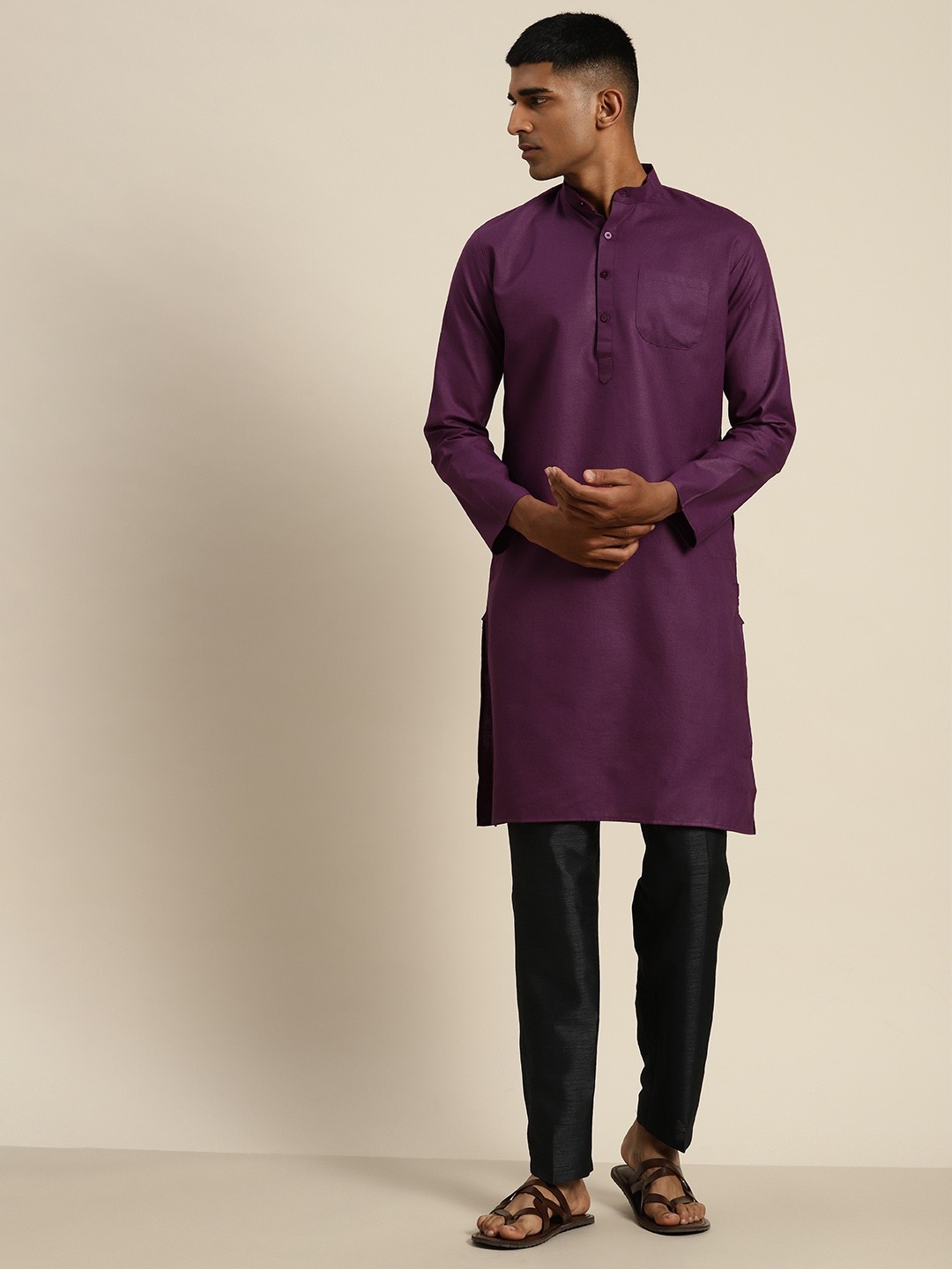 

SOJANYA Mandarin Collar Cotton Linen Kurta, Purple