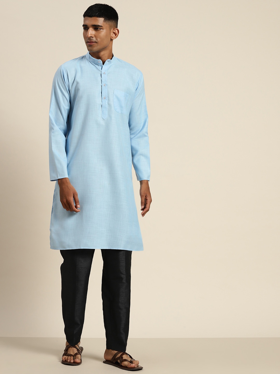 

SOJANYA Mandarin Collar Cotton Silk Kurta, Blue