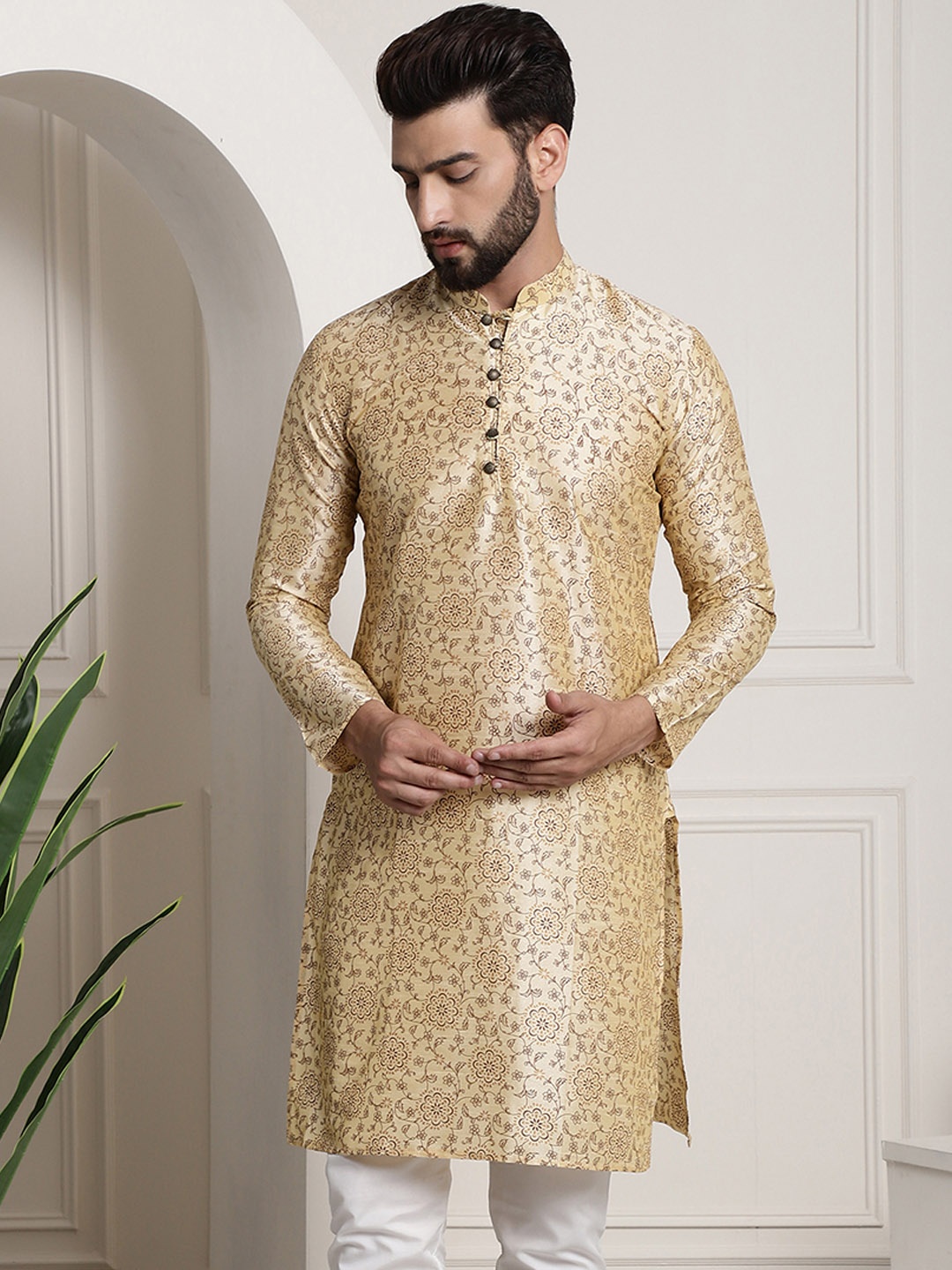 

SOJANYA Floral Printed Silk Cotton Kurta, Beige