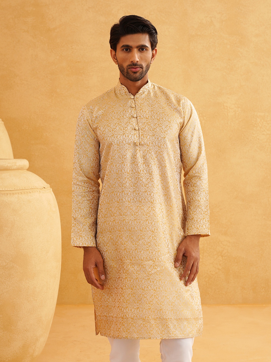 

SOJANYA Ethnic Motifs Pastels Silk Cotton Kurta, Beige