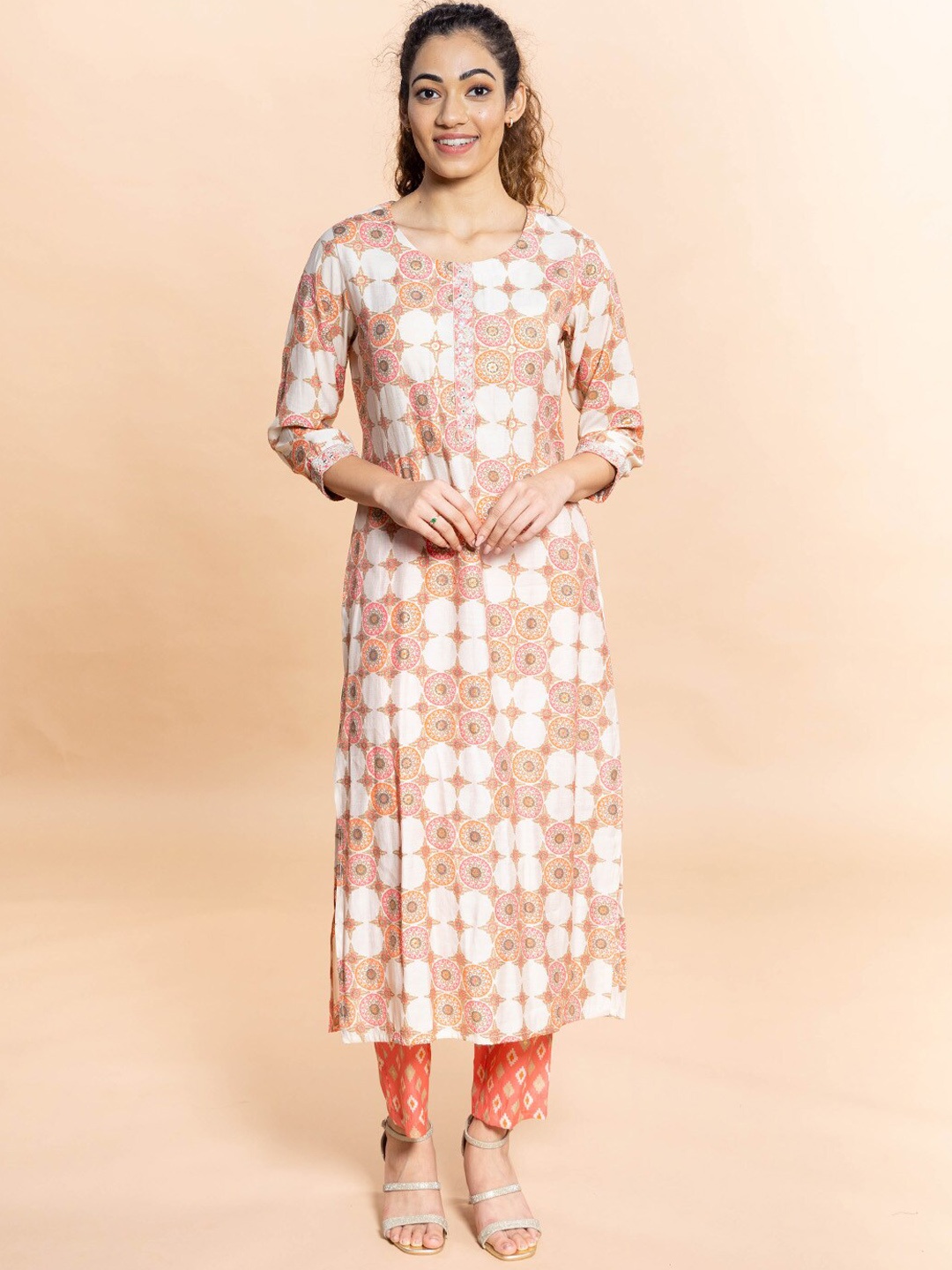 

Rmya Ethnic Motifs Printed Mirror Work Pure Cotton Kurta with Trousers, White