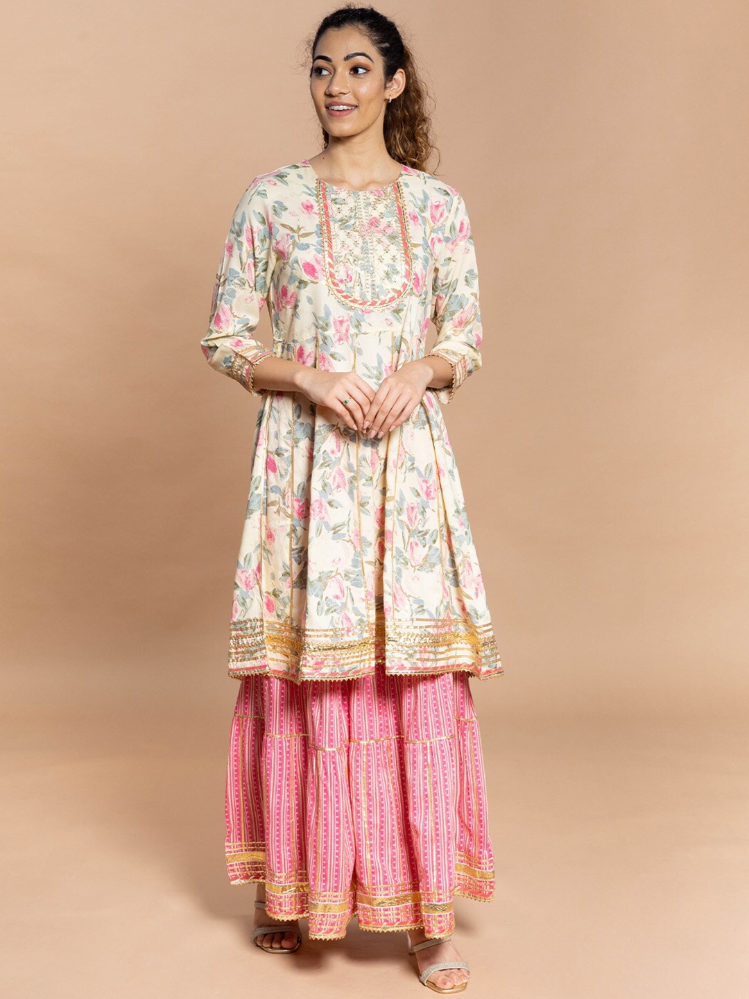 

Rmya Floral Printed Sequinned A-Lined Kurta with Sharara & Dupatta, Beige