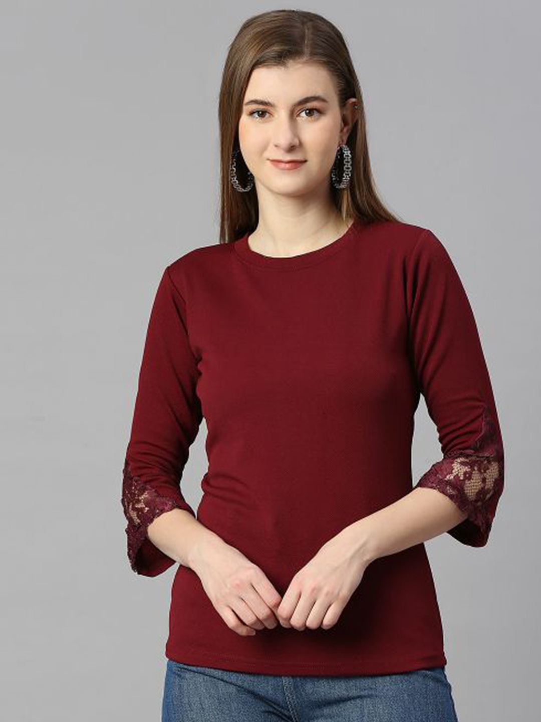 

DEETYA ARTS Bell Sleeves Lace Inserts Regular Top, Maroon