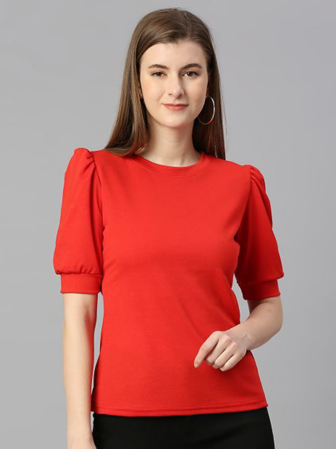 

DEETYA ARTS Puff Sleeves Round Nek Regular Top, Red
