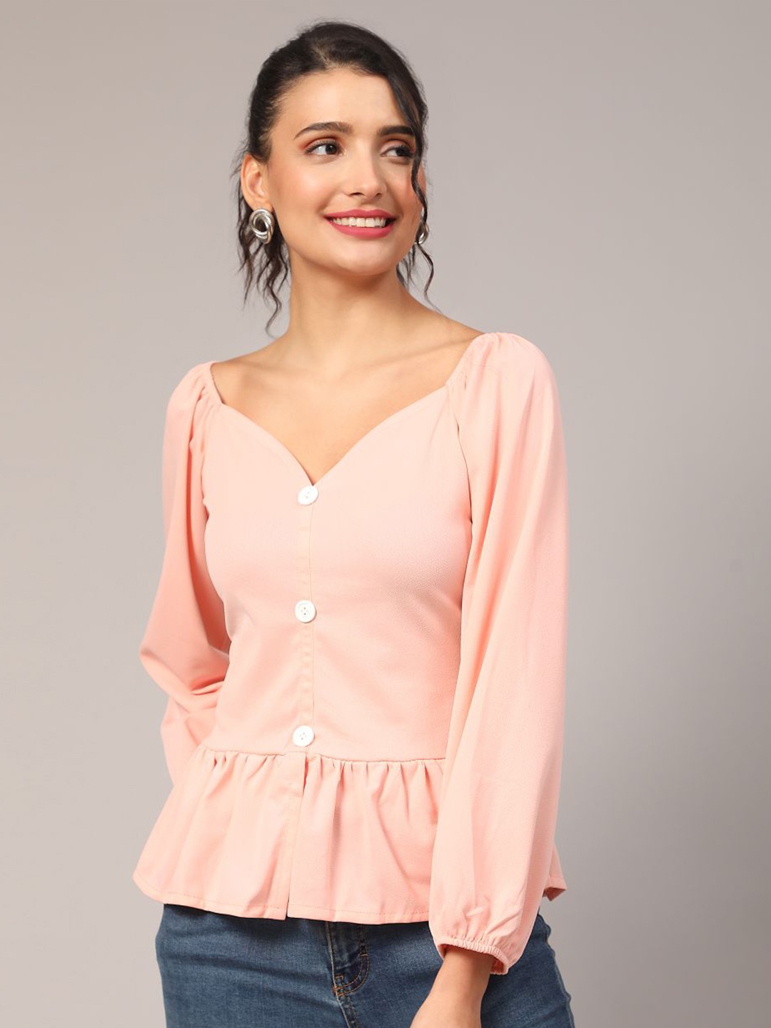 

DEETYA ARTS Pleated Or Gathered Ballon Sleeves V-Neck Top, Peach