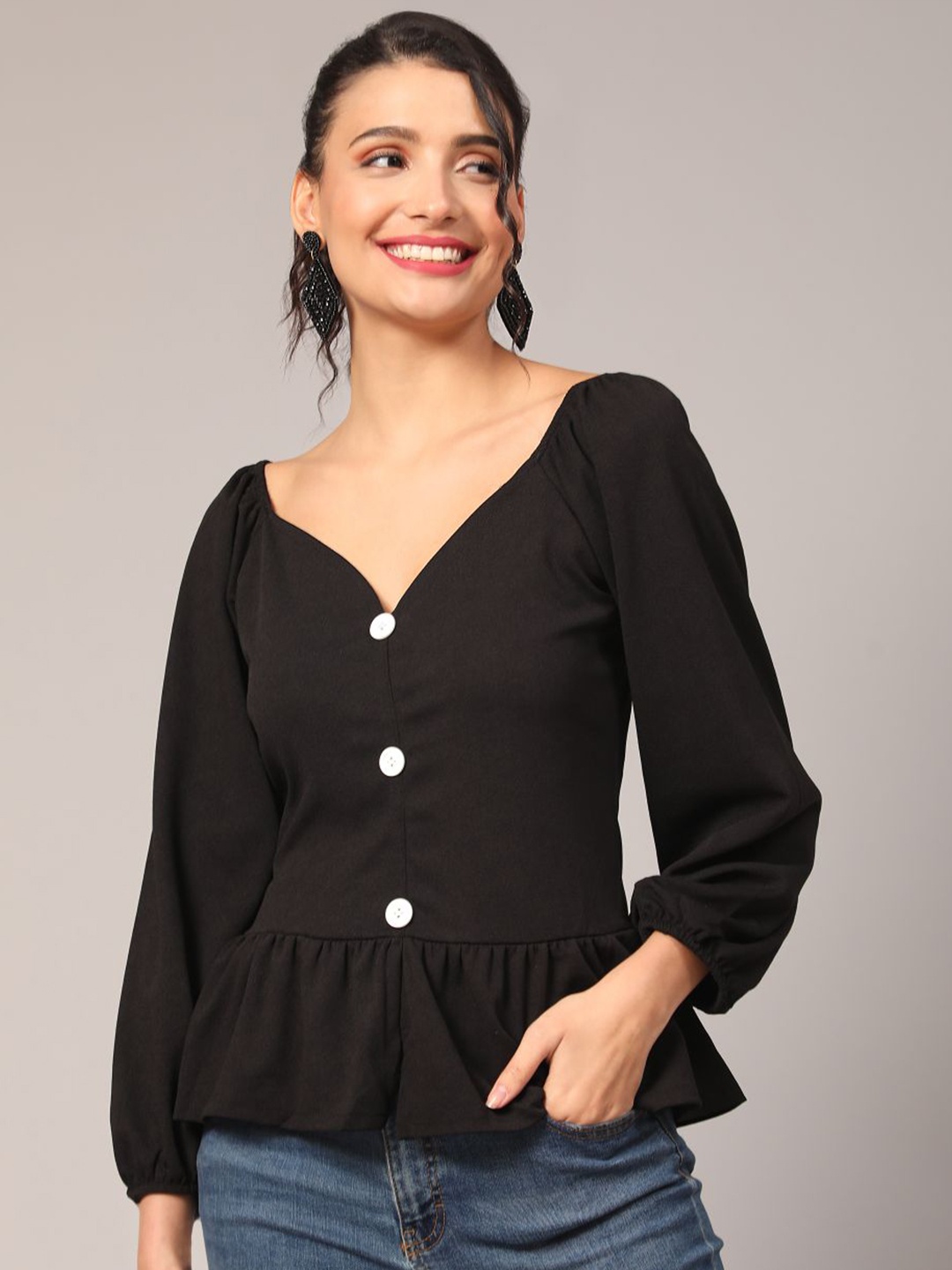 

DEETYA ARTS V-Neck Puff Sleeves Peplum Top, Black