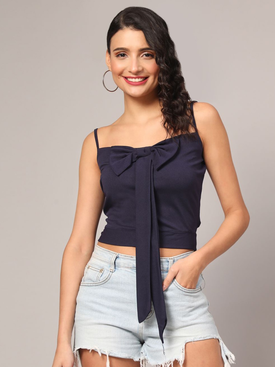 

DEETYA ARTS Shoulder Straps Waist Tie-Up Styled Back Crop Top, Blue