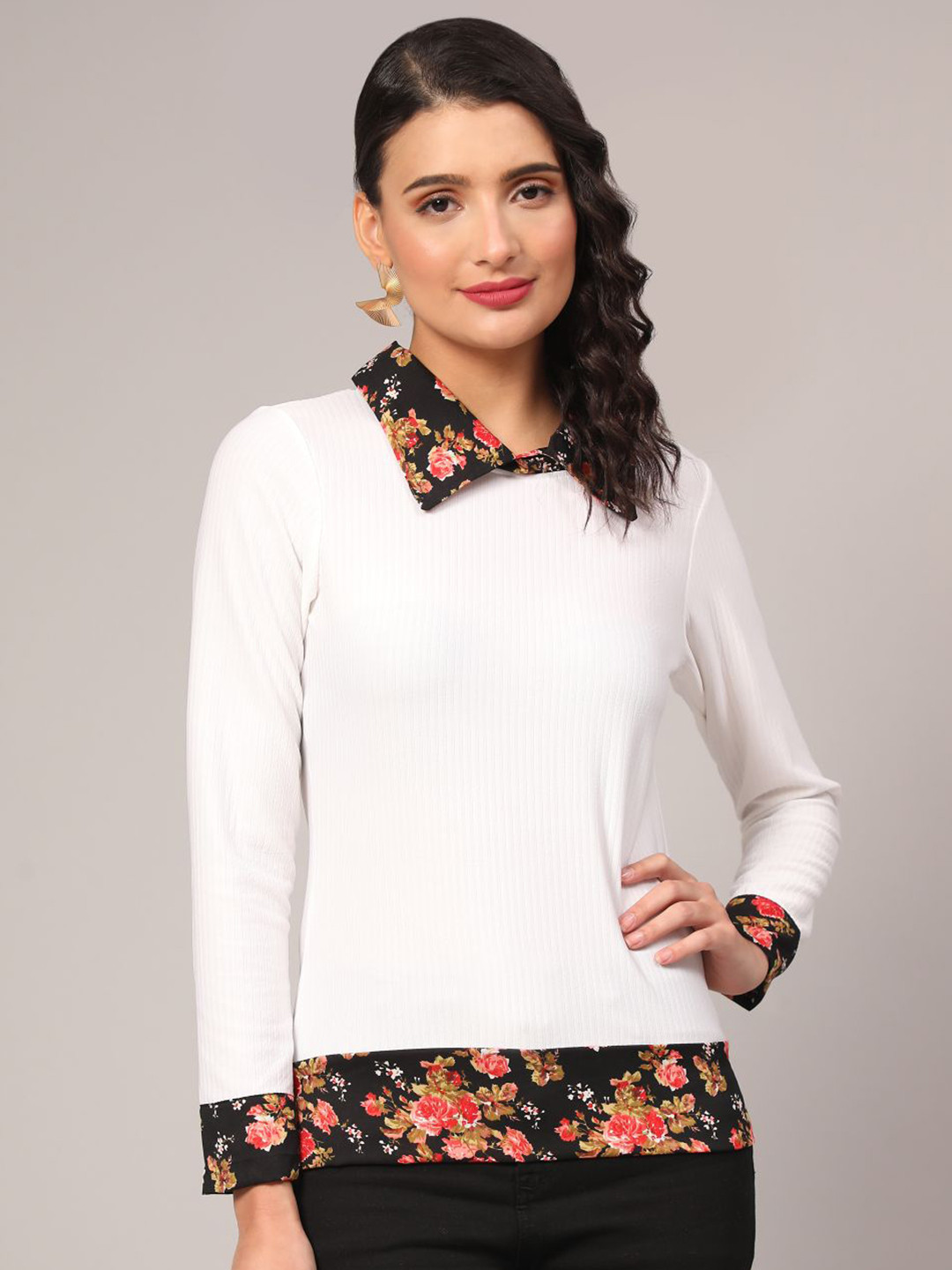 

DEETYA ARTS Floral Printed Shirt Collar Top, White