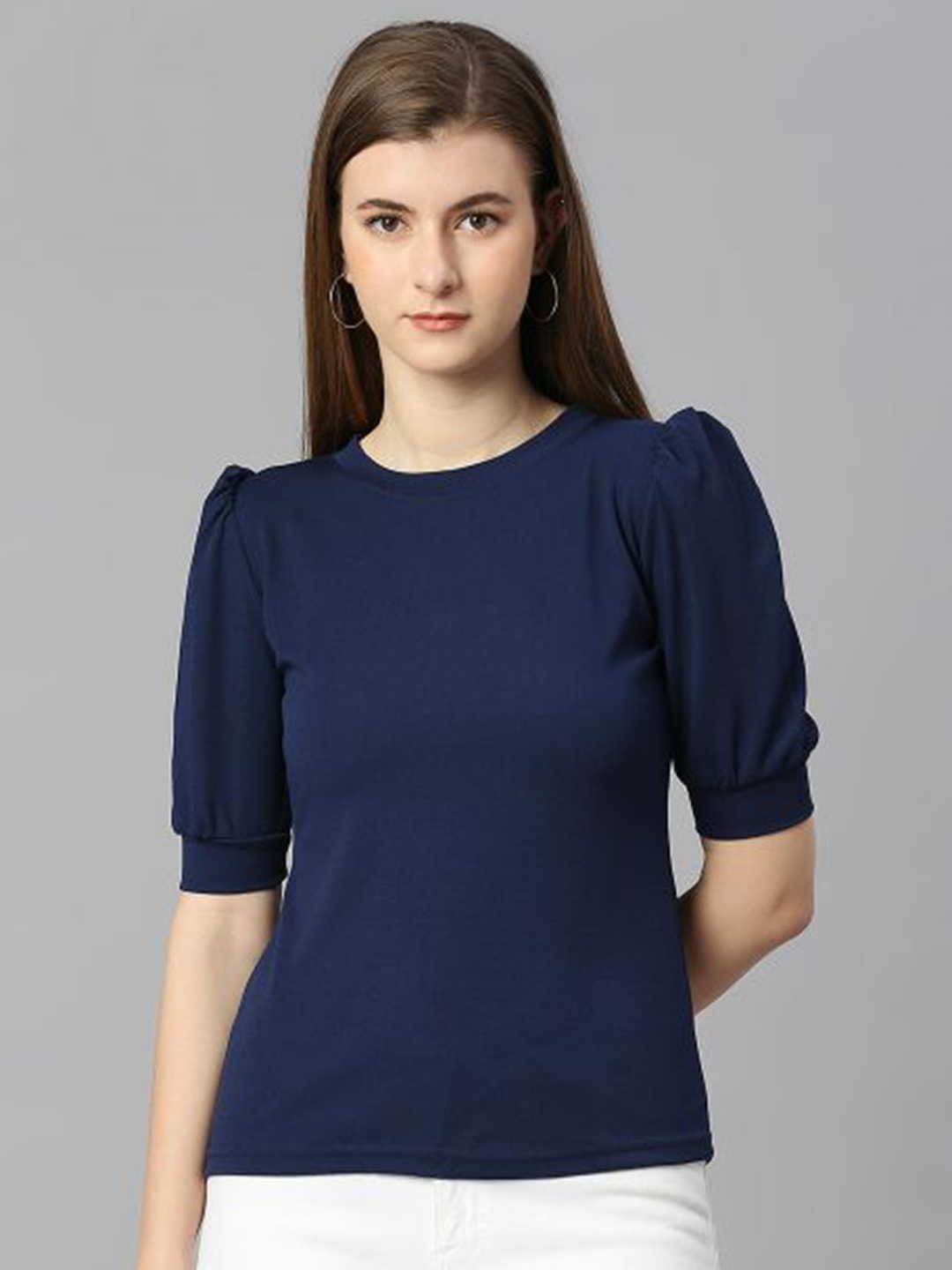 

DEETYA ARTS Round Neck Puff Sleeve Top, Blue