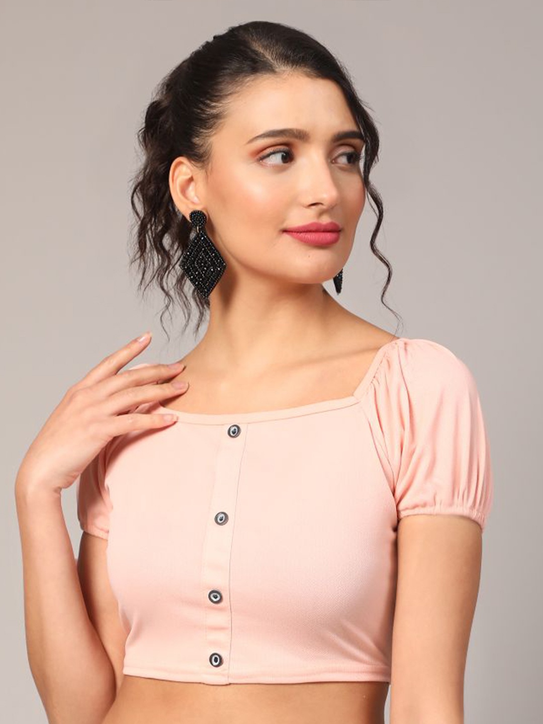 

DEETYA ARTS Square Neck Blouson Crop Top, Peach
