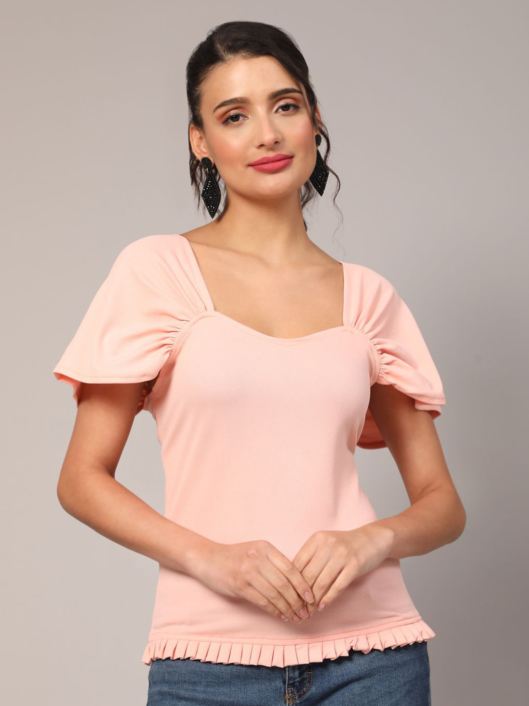 

DEETYA ARTS Sweetheart Neck Flared Sleeves Regular Top, Peach