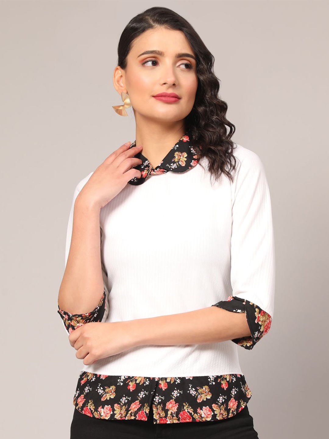 

DEETYA ARTS Floral Printed Peter Pan Collar Regular Top, White