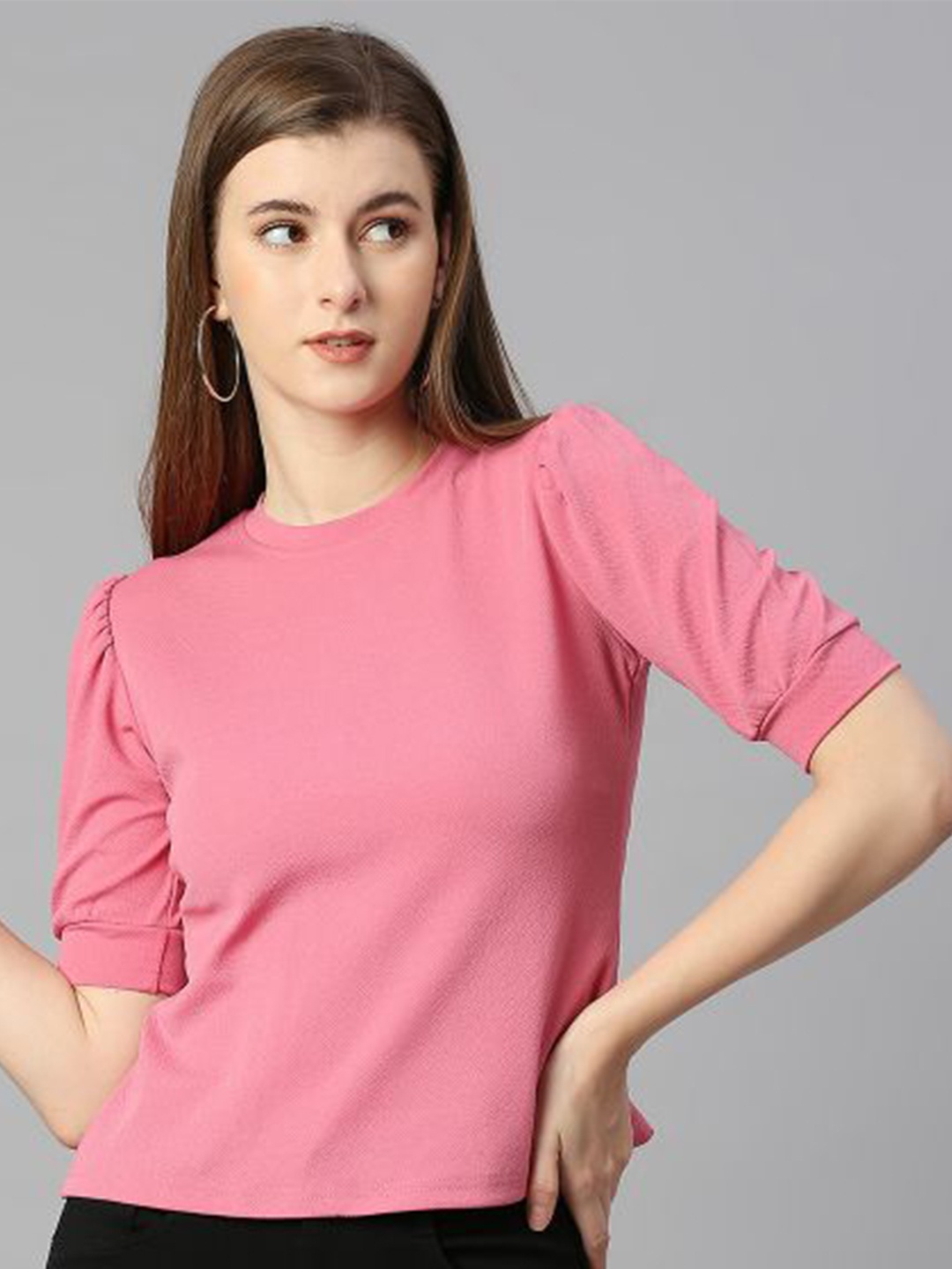 

DEETYA ARTS Puff Sleeves Woven Top, Peach