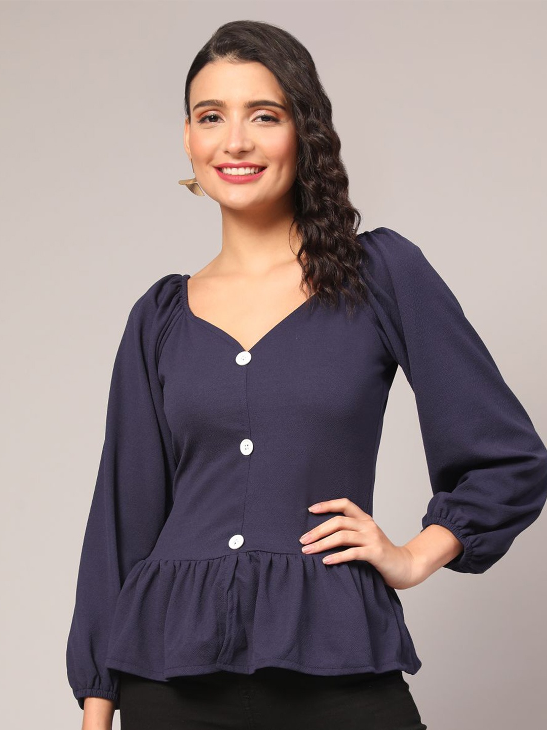 

DEETYA ARTS Puff Sleeves Gathered Peplum Top, Blue