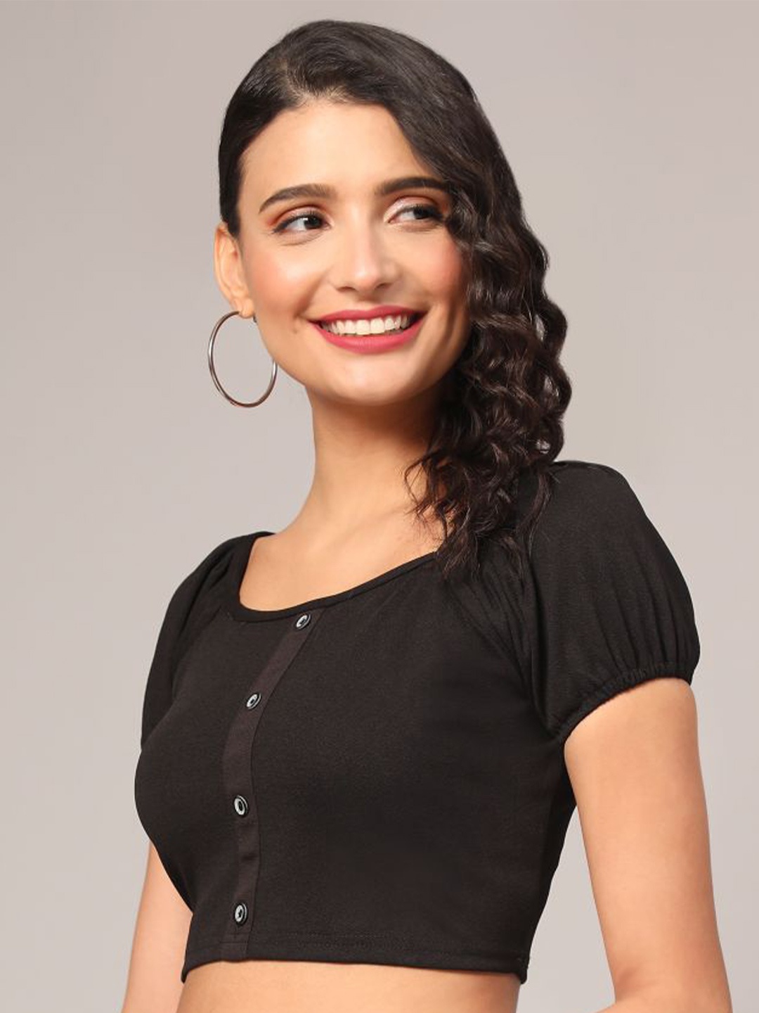 

DEETYA ARTS Cotton Lycra Square Neck Puff Sleeves Crop Top, Black