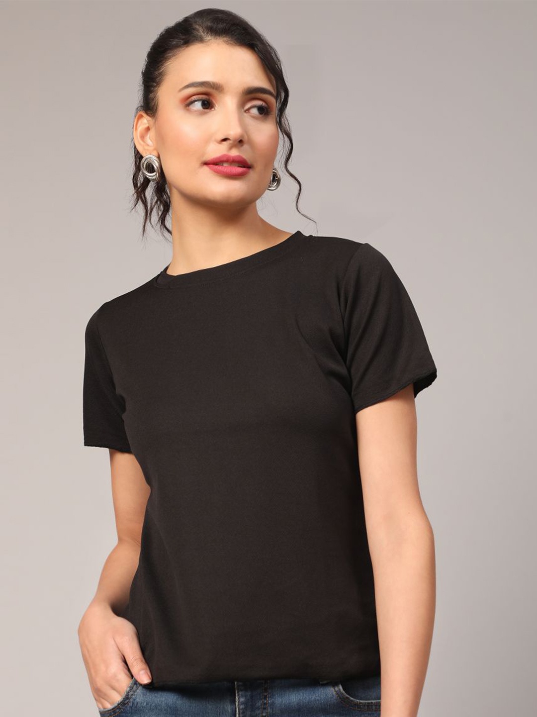 

DEETYA ARTS Cotton Lycra Round Neck Short Sleeves Top, Black