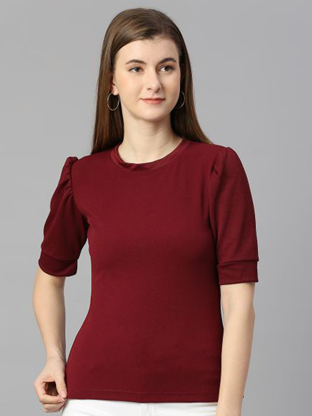 

DEETYA ARTS Cotton Lycra Round Neck Puff Sleeves Top, Maroon