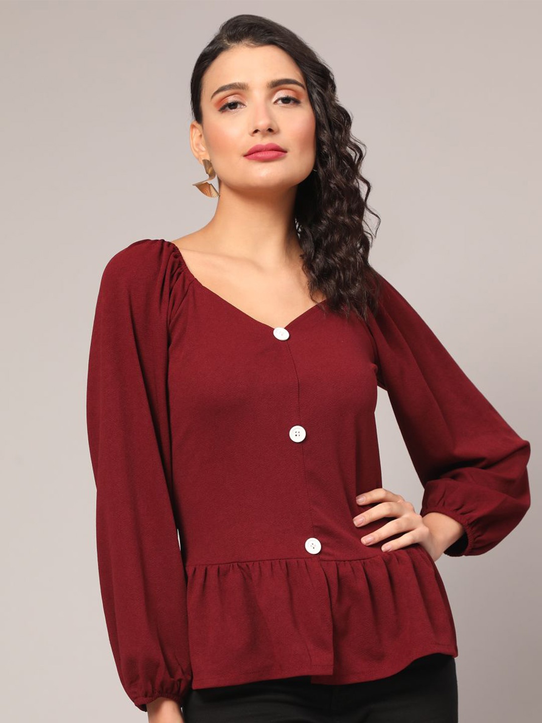 

DEETYA ARTS Cotton Lycra V-Neck Puff Sleeves Top, Maroon
