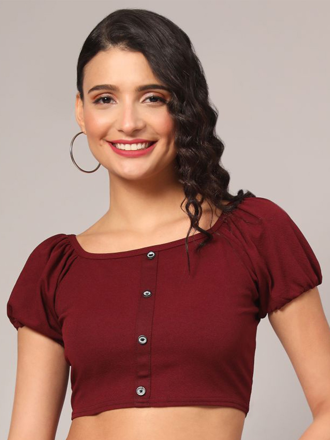 

DEETYA ARTS Puff Sleeves Square Neck Crop Top, Maroon