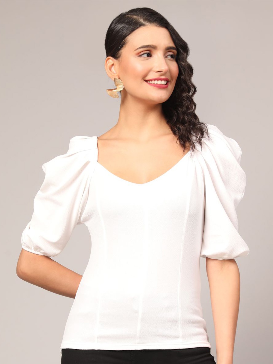 

DEETYA ARTS Puff Sleeves Scoop Neck Top, White