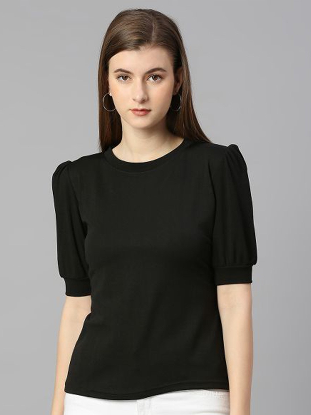 

DEETYA ARTS Puff Sleeves Round Neck Regular Top, Black