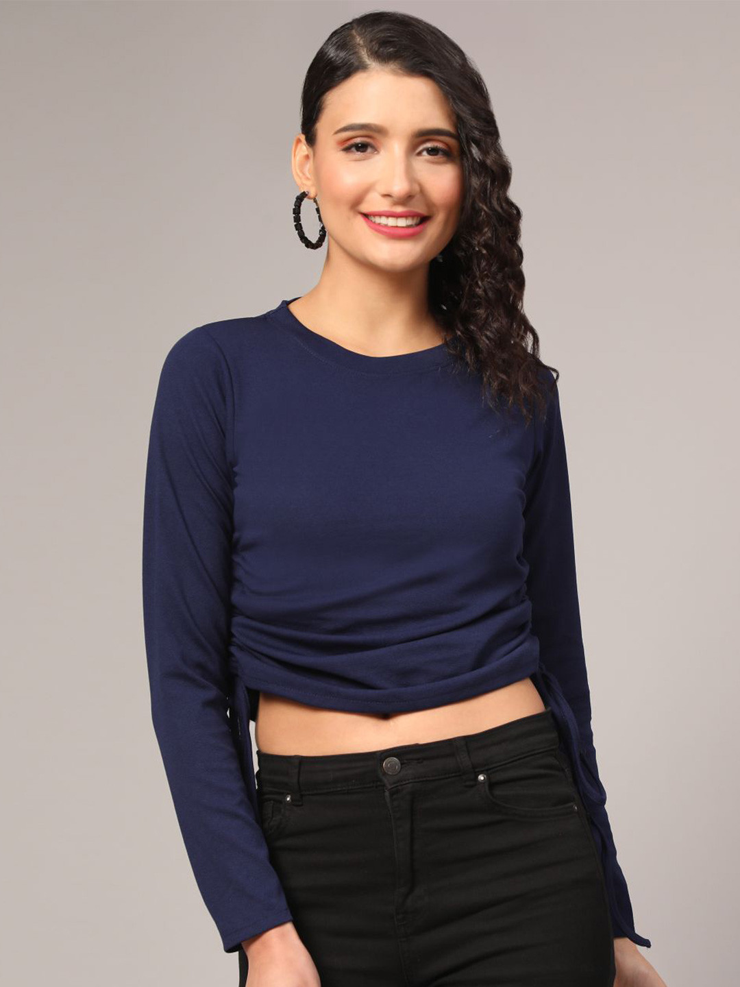 

DEETYA ARTS Long Sleeves Tie-Ups Cotton Lycra Crop Regular Top, Blue