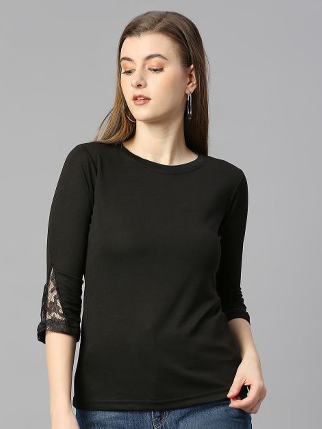 

DEETYA ARTS Lace Inserts Sleeves Cotton Lycra Regular Top, Black