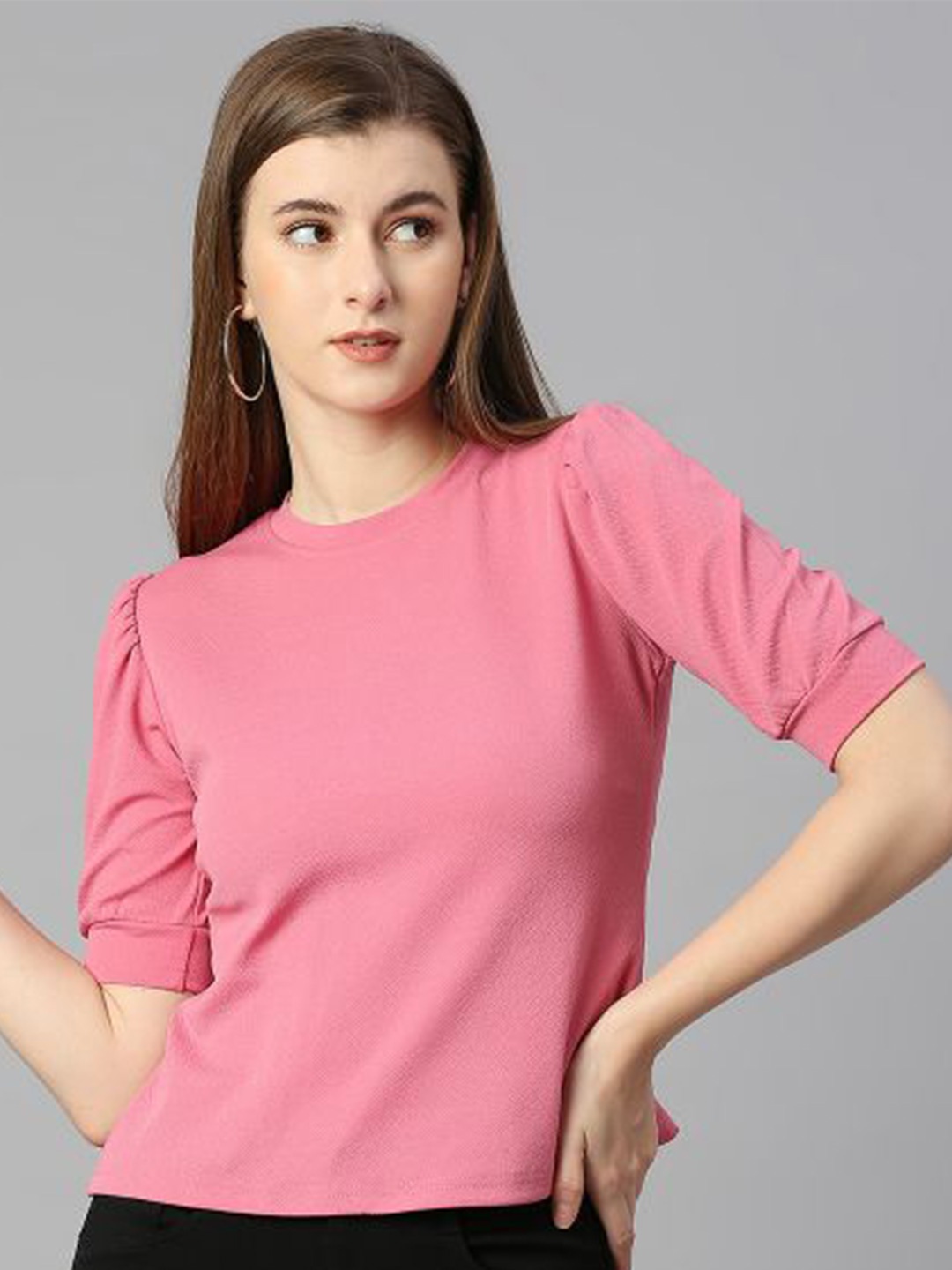 

DEETYA ARTS Puff Sleeves Round Neck Cotton Top, Pink