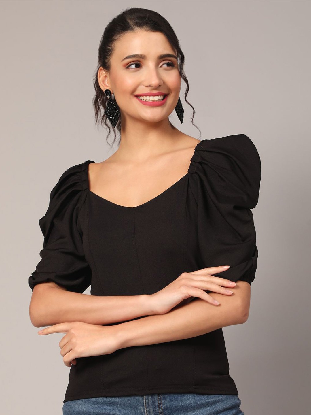 

DEETYA ARTS Sweetheart Neck Puff Sleeves Cotton Lycra Regular Top, Black