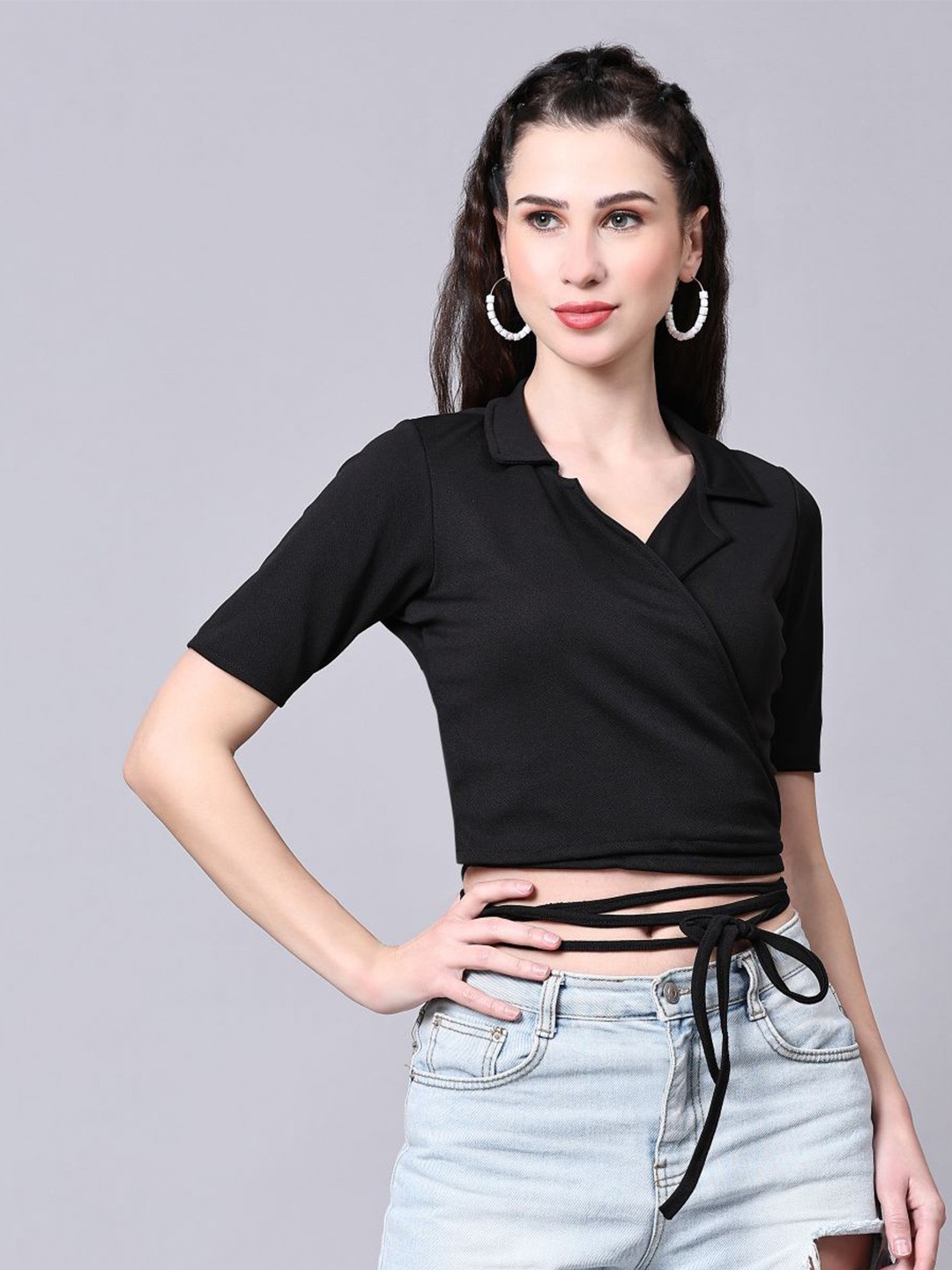 

DEETYA ARTS Cuban Collar Tie-Ups Wrap Top, Black