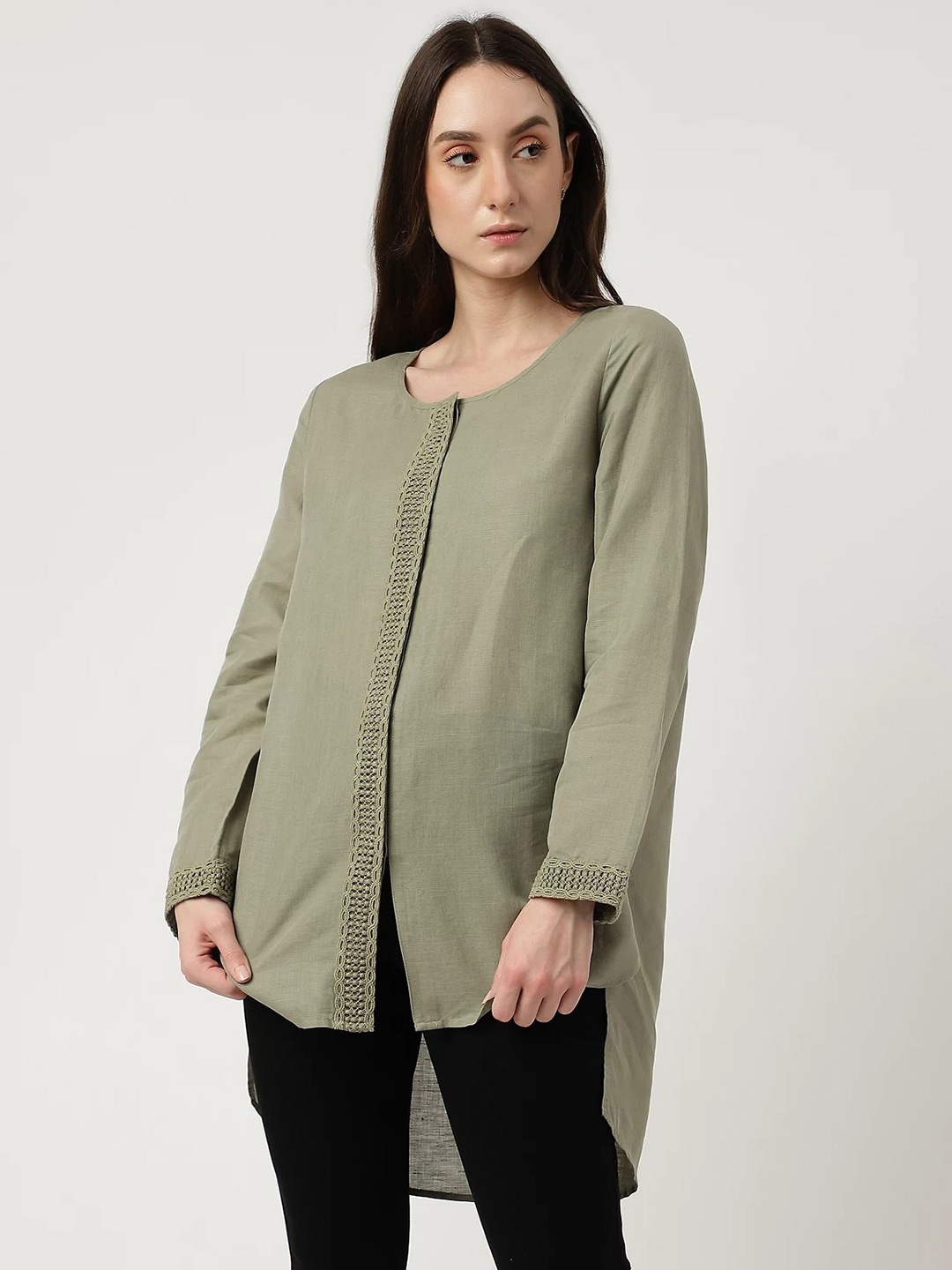 

Marks & Spencer Round Neck Linen High-Low Top, Khaki