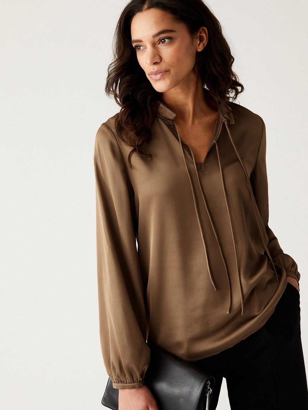

Marks & Spencer Tie-up Neck Long Puffed Sleeves Regular Top, Brown